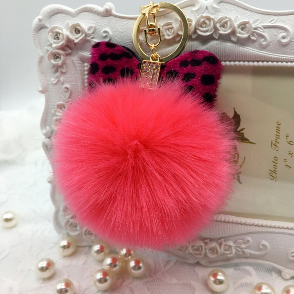 Watermelon Pink Leopard Bow Pompom Keychain